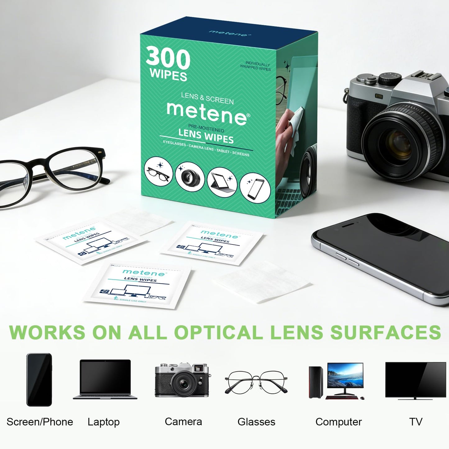Metene Lens Wipes, 300 Pre-Moistened Individually Wrapped Glasses Wipes - Available at All In One Marketplace Canada