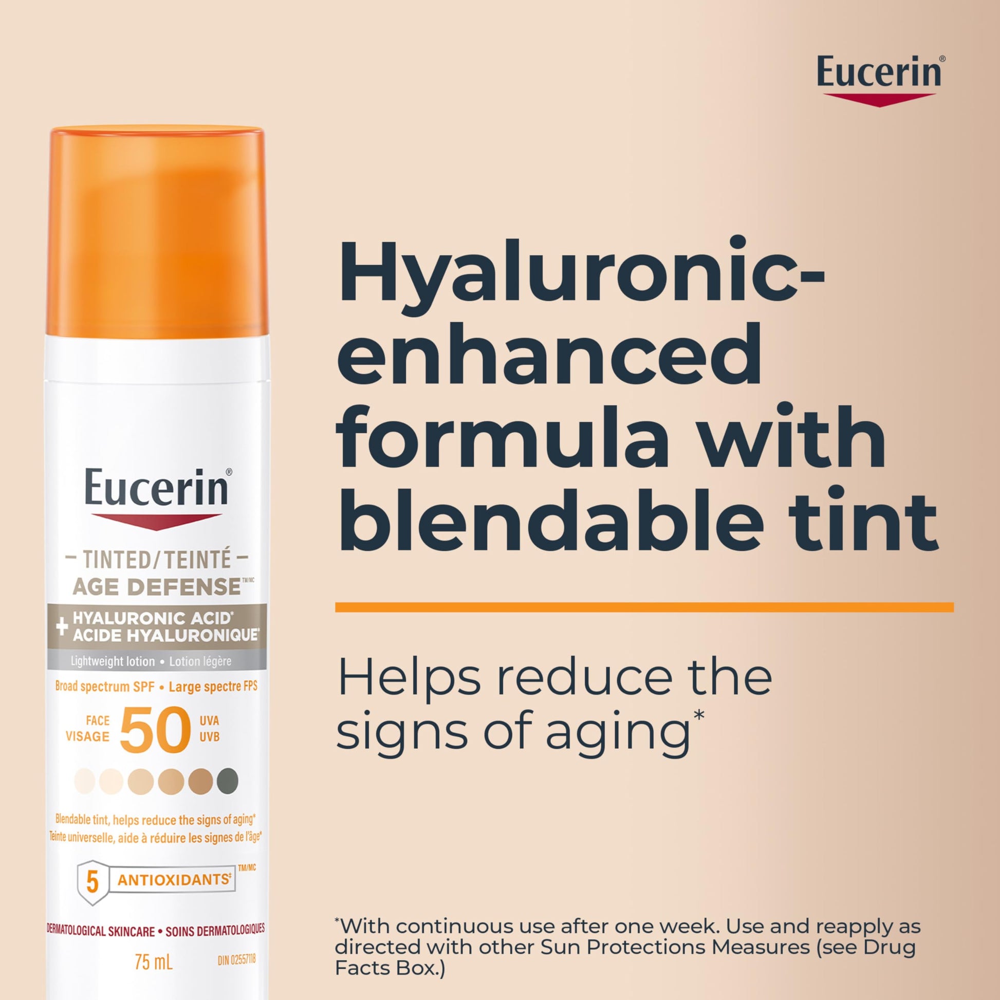 Eucerin Tinted Age Defense SPF 50 Face Sunscreen, Daily Face Sunscreen SPF 50 With Hyaluronic Acid and Antioxidants, Body SPF 50 Lotion with UVA-UVB Sun Protection, Fragrance Free & Non Greasy, 50 ml - Available at All In One Marketplace Canada