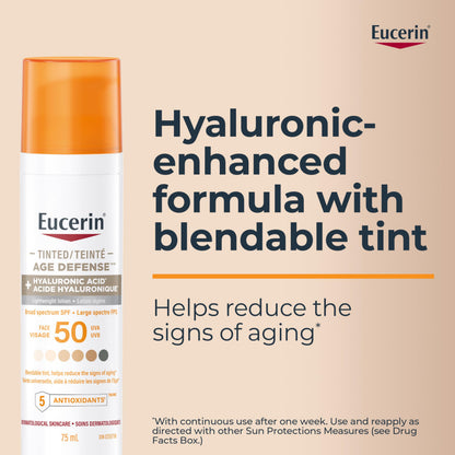 Eucerin Tinted Age Defense SPF 50 Face Sunscreen, Daily Face Sunscreen SPF 50 With Hyaluronic Acid and Antioxidants, Body SPF 50 Lotion with UVA-UVB Sun Protection, Fragrance Free & Non Greasy, 50 ml - Available at All In One Marketplace Canada
