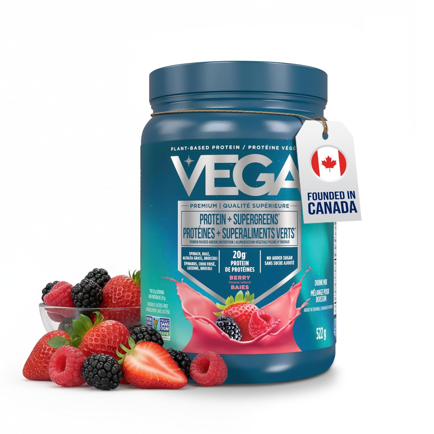 Vega Protein + Supergreens Vegan Plant Based Protein Powder – 20g Organic Pea Protein, Dairy-free, Healthy Breakfast Shake – Berry 18 Servings, 522 grams (Pack of 1)