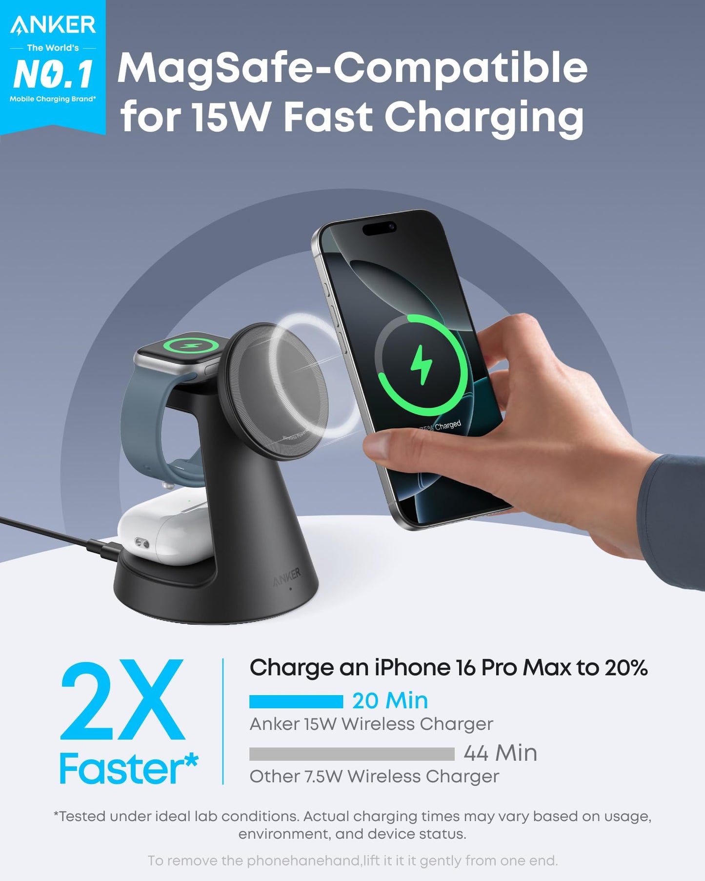 Anker MagSafe Charger Compatible, MagGo 3-in-1 Charging Station, Nano Charging Stand, Qi2 Certified 15W Magnetic Wireless Charger Dock, for iPhone17/16/15/14, Apple Watch,AirPods (Black)