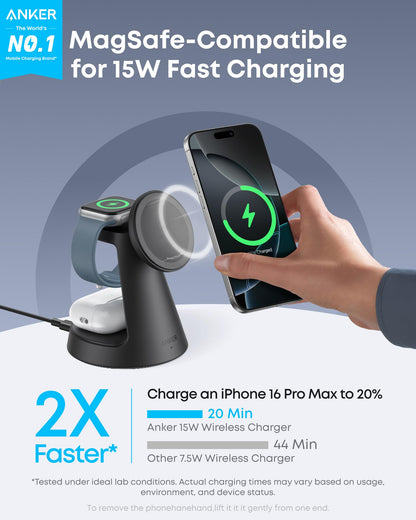 Anker MagSafe Charger Compatible, MagGo 3-in-1 Charging Station, Nano Charging Stand, Qi2 Certified 15W Magnetic Wireless Charger Dock, for iPhone17/16/15/14, Apple Watch,AirPods (Black)