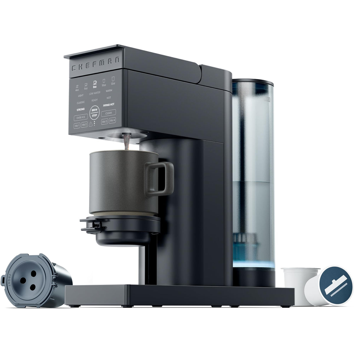 Chefman Caffeinator Single Serve Coffee Maker, Brew Kcups & Grounds, Drip Coffee Machine with Brew Strength Settings, Iced Coffee Function, 48 oz. Removable Water Reservoir - Includes 4 Filters