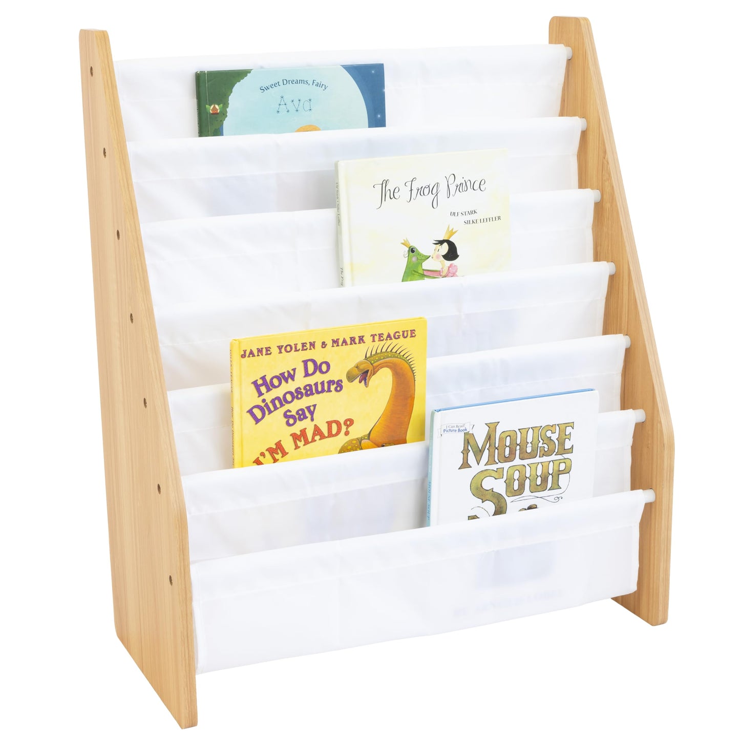 Humble Crew Kids Bookshelf 6-Tier Book Rack Organizer, Extra Large Toddler Bookcase with Fabric Storage Pockets, Front-Facing Display for Children’s Books, White/Natural Wood, Nursery/Playroom Storage Humble Crew