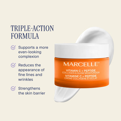 Marcelle Vitamin C + Peptide Collagen & Glow Moisturizer, Day & Night Cream, Brightening & Smoothing, Vegan, Cruelty-Free, Hypoallergenic, Non-Comedogenic, Paraben-Free, Fragrance-Free, 50 mL