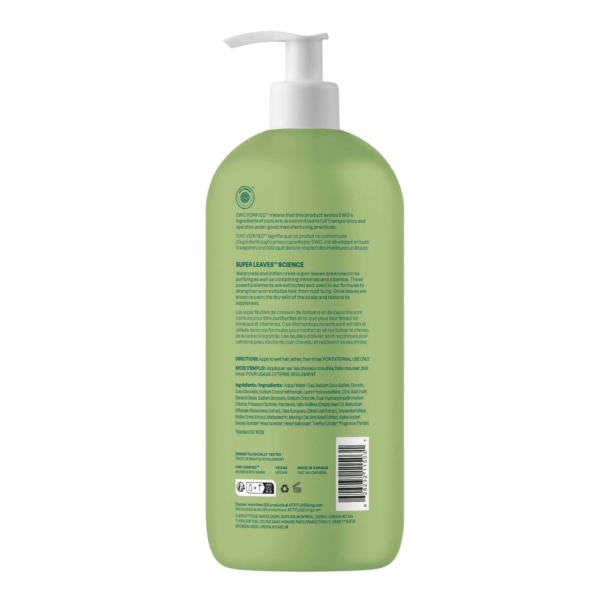 ATTITUDE Nourishing Hair Shampoo, Made in Canada, EWG Verified, For Dry and Damaged Hair, Naturally Derived Ingredients, Vegan and Plant Based, Grapeseed Oil and Olive Leaves, 946 mL