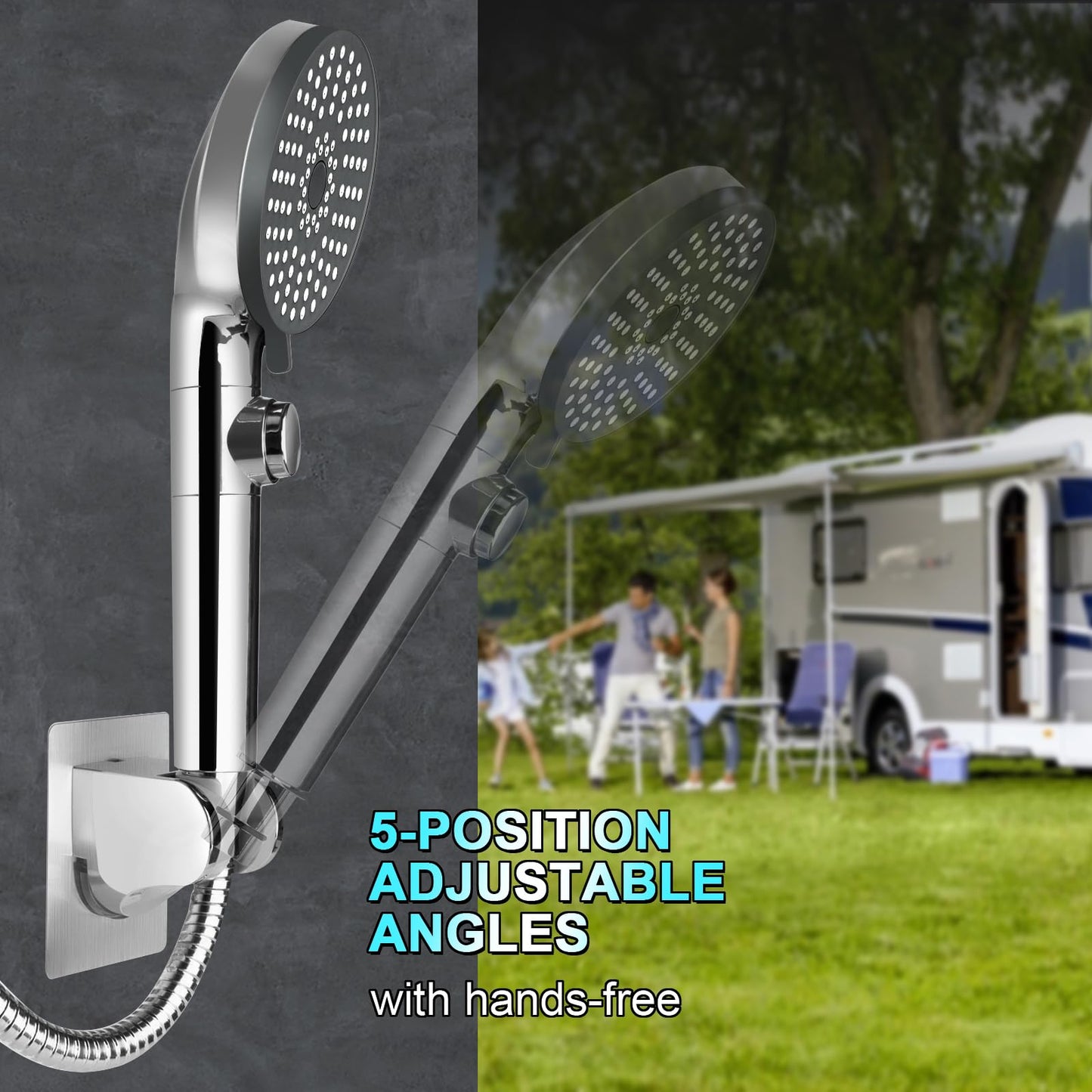RV Shower Head with Hose, High Pressure 5 Mode Shower Head Replacement, Shower Head for RV/Campers, Travel Trailer, Motorhome for Water Saving, Handheld Shower Head Holder and Hose, On Off Switch