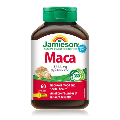 Jamieson High Potency Maca 3,000 mg, Helps to Support Emotional Aspects of Sexual Health and a Healthy Mood Balance. Vegetarian, Non-GMO, Gluten-Free, Only One Per Day, 60 Count