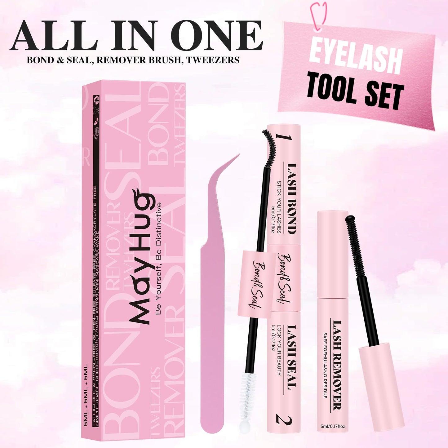 Mayhug Lash Cluster Glue Waterproof Lash Bond and Seal Kit with Lash Glue Remover and Tweezers Long-Lasting For DIY Eyelash Extension At Home Use Beginners Friendly Kit 4-in-1 - Available at All In One Marketplace Canada