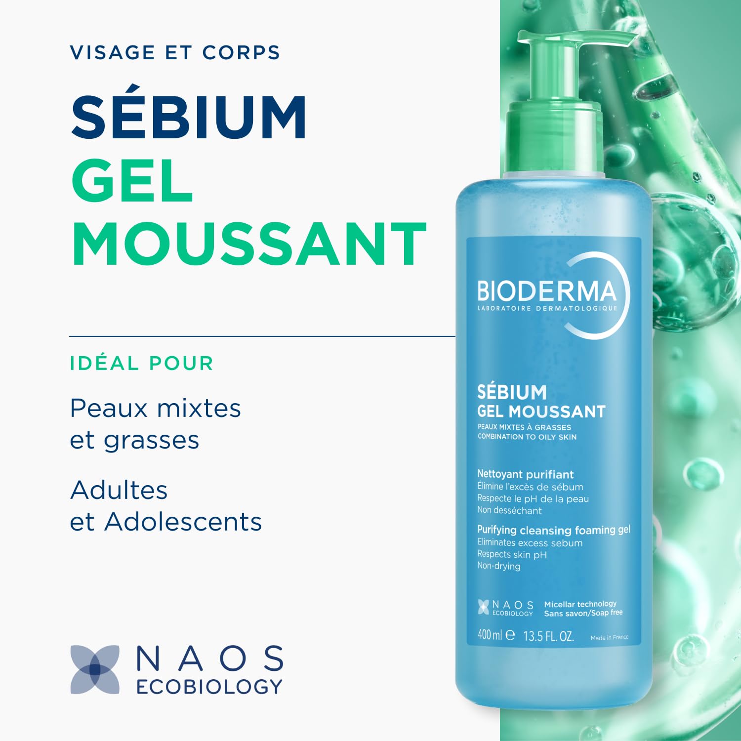 Bioderma Sébium Foaming Gel Gentle Face Cleanser Pump, Makeup Removing Cleanser, Skin Purifying Face Wash for Combination to Oily Skin - Available at All In One Marketplace Canada