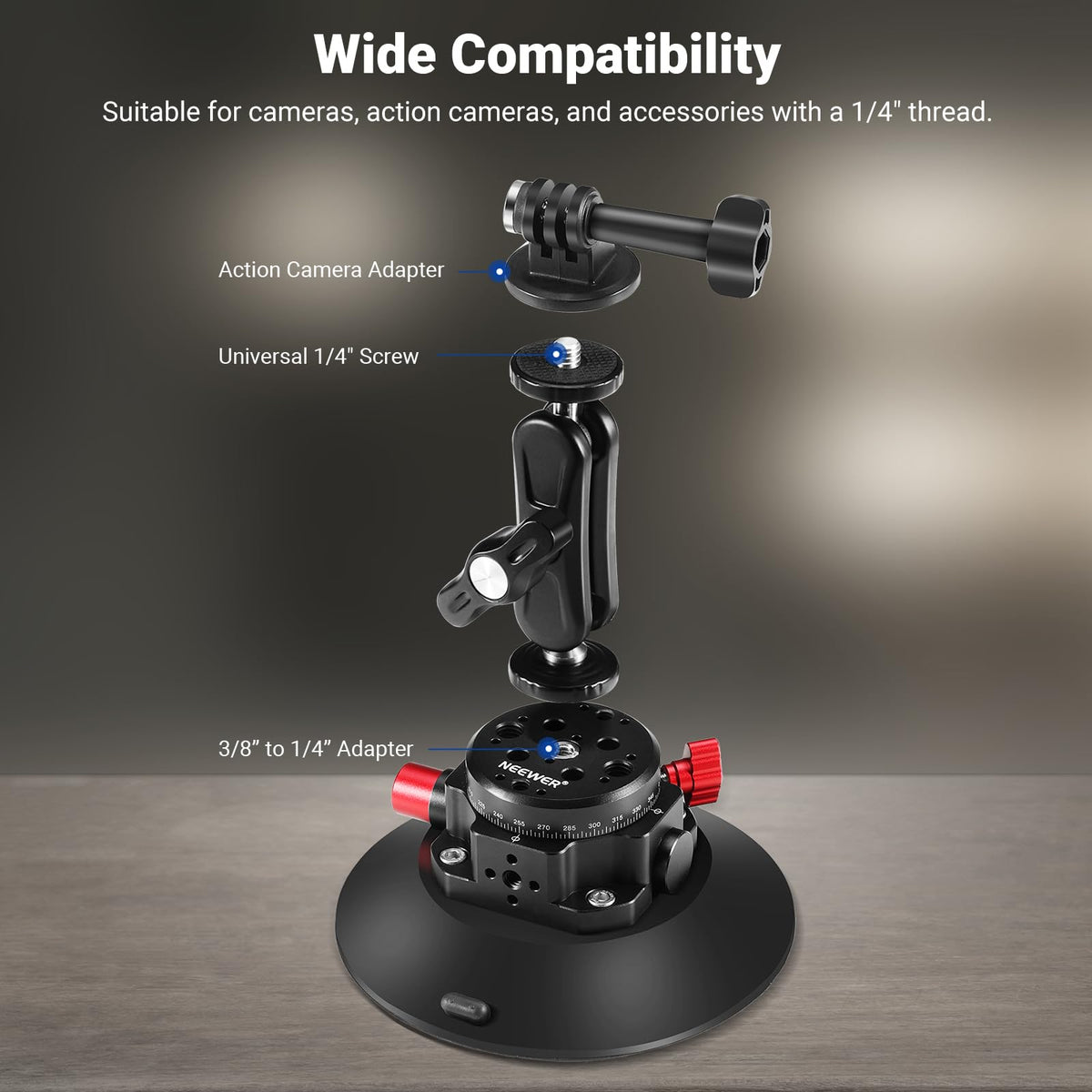 NEEWER 6"/15.2cm Camera Suction Cup Mount with Ball Head Magic Arm, Metal