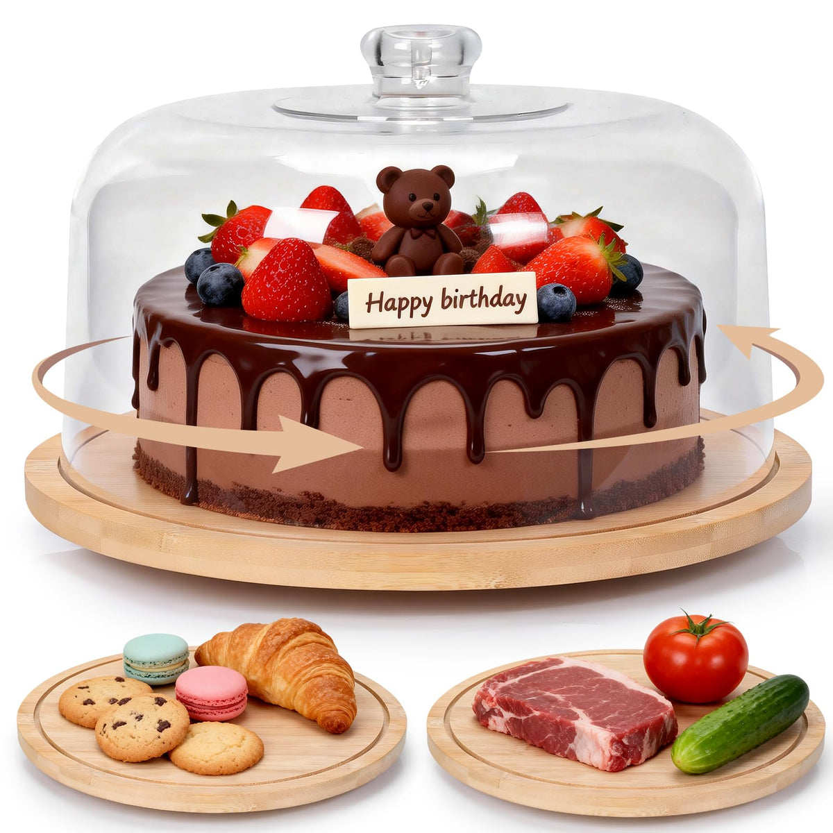 Almcmy 12" Rotating Cake Stand with Lid, Bamboo Cake Plate for Display 🍁 All In One Marketplace Canada