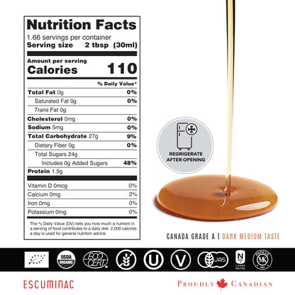 Escuminac Pure Organic Maple Syrup – Grade A Medium Amber – 12 Pack of 50ml Glass Bottles from Quebec