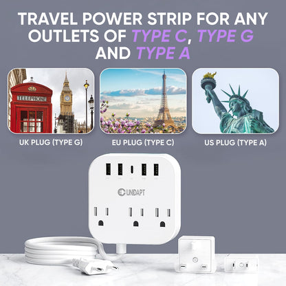 Unidapt European Plug Adapter, Unidapt US to UK Europe Power Strip for EU/UK/US with USB C and 4 USB Ports, 3 AC Outlets, Wall Mountable, 5ft Cord, for Travel Cruise Ship Home (WSS-603)