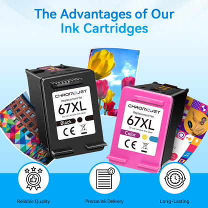 Chromojet 67XL Ink Cartridges Black/Color Combo Pack Compatible for HP Ink 67 67XL Printer Ink 67 Fit for DeskJet 4155e 2855e 2755e 2700 2700e 2800e 4100 Envy 6055e 6455e 6000 6400 Printer