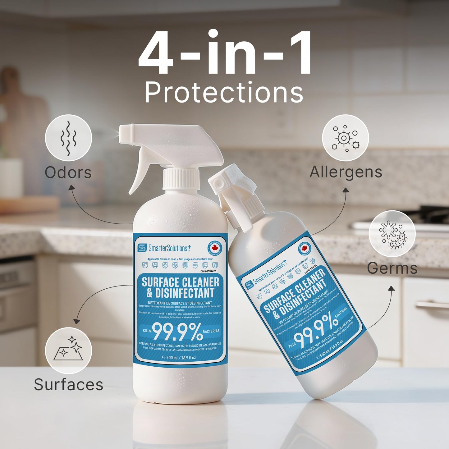 Hypochlorous Acid Spray Cleaning Solution, Made in Canada, Hospital Grade Disinfectant Spray, All-Purpose Sanitizer & Deodorizer, Eliminate Viruses Including Norovirus (2 Pack - 2 x 500ml) - Available at All In One Marketplace Canada