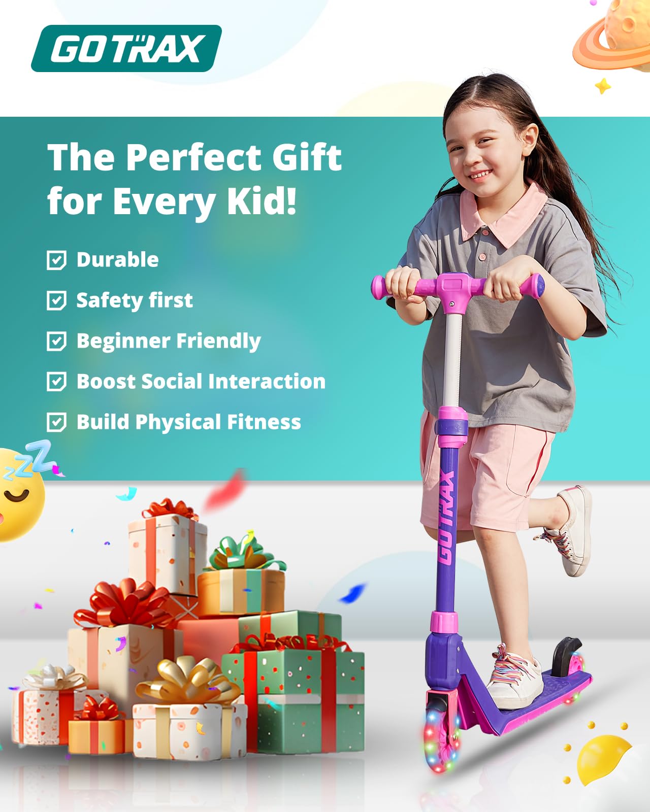 Gotrax K03 Kick Scooter for Kids, 5" LED Lighted Wheels and Adjustable Handlebars, Lightweight Design and Anti-Slip Deck, Max Load 110 Lbs, Kids Scooter for Boys & Girls Ages 3+, Blue - Available at All In One Marketplace Canada