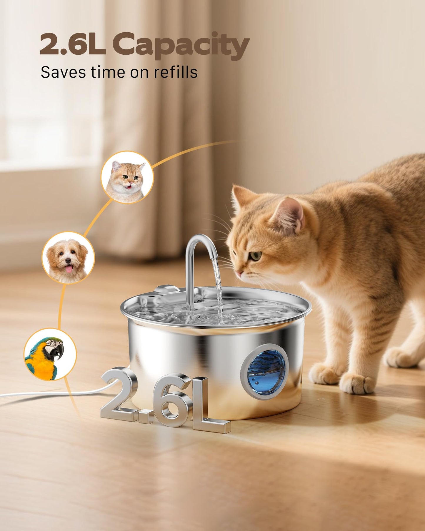 Cat Water Fountain Stainless Steel: Cat Fountain for Drinking - 2.6L Pet Water Fountain Indoor Cats - Quiet Pets Waterer - Cats Water Dispenser - for Small Animals