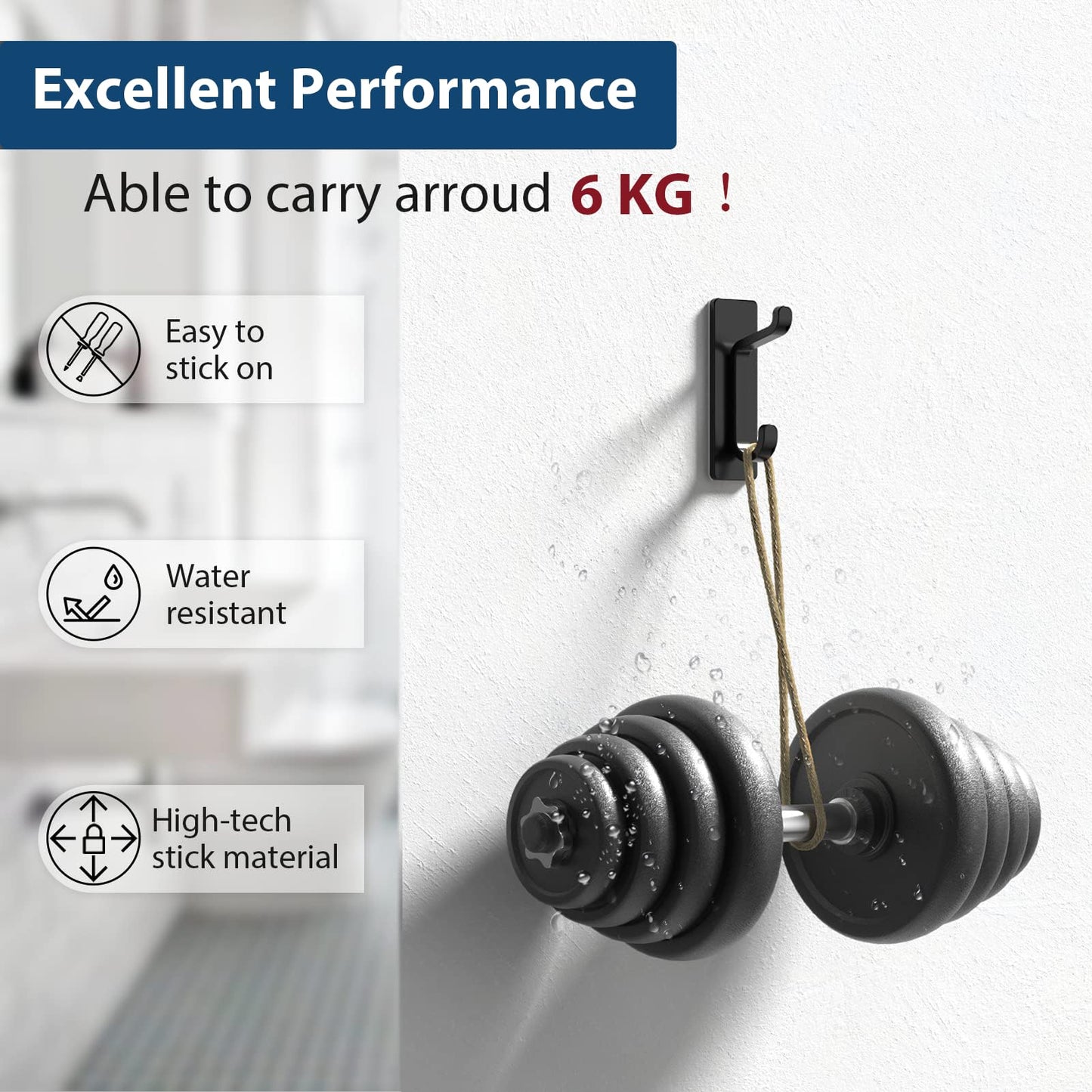 Self Adhesive Hooks for Hanging, Waterproof Towel Hook for Bathroom, Black Wall Hanger for Shower, Coat, Door, Robe, Sticky and Heavy Duty, 6-Pack