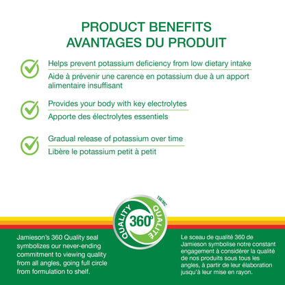 Jamieson Extra Strength Potassium 100 mg Timed Release, 100 Caplets, Supports Muscle & Nerve Function, Electrolyte Support, Helps Prevent Potassium Deficiency. Vegetarian, Proudly Canadian - Available at All In One Marketplace Canada