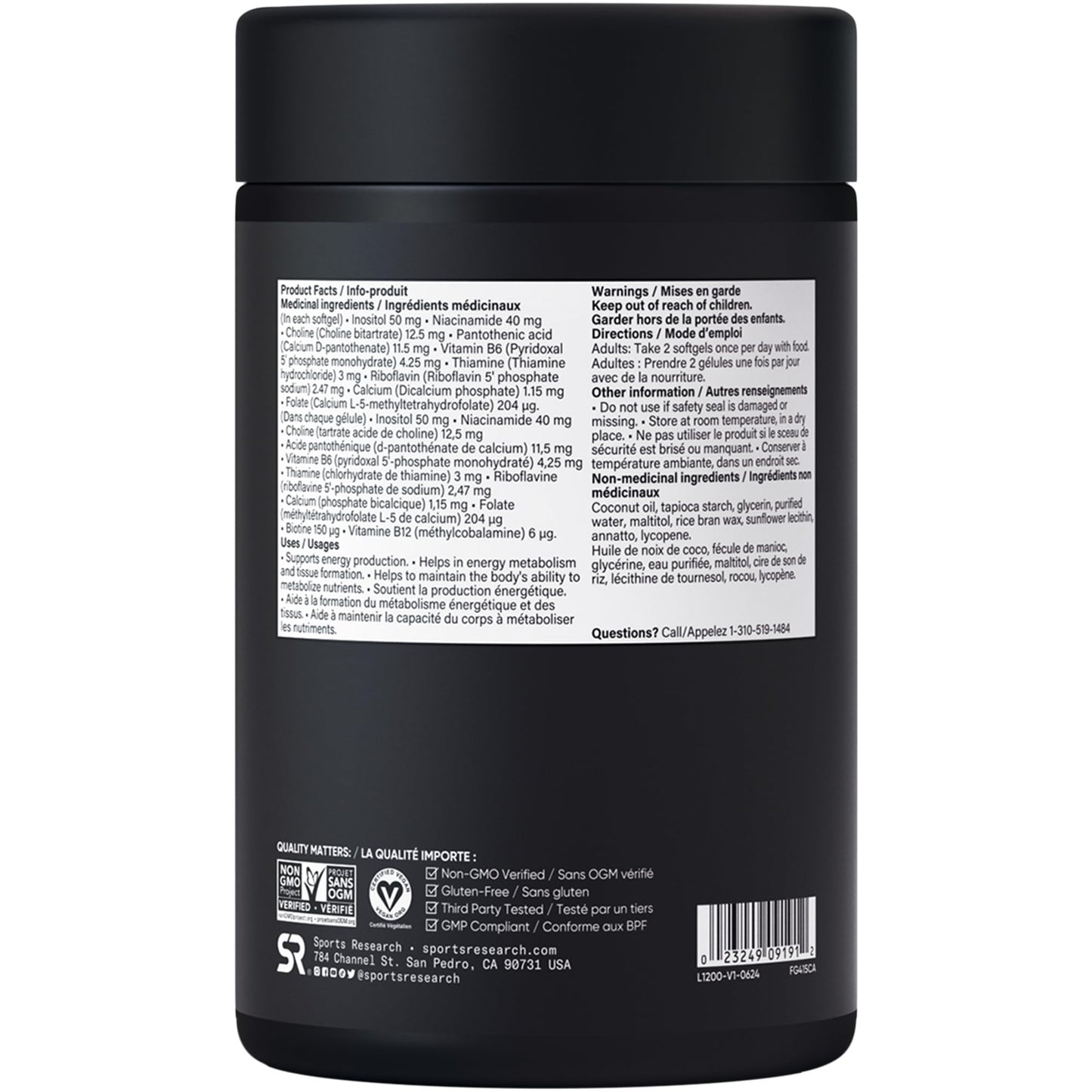 Sports Research® Vitamin B-Complex - Full Spectrum of B Vitamins with Methylated B12 & Folate - Gluten Free · Plant-Based · Non-GMO · Vegan-Friendly Formula - 120 Veggie Softgels - Available at All In One Marketplace Canada