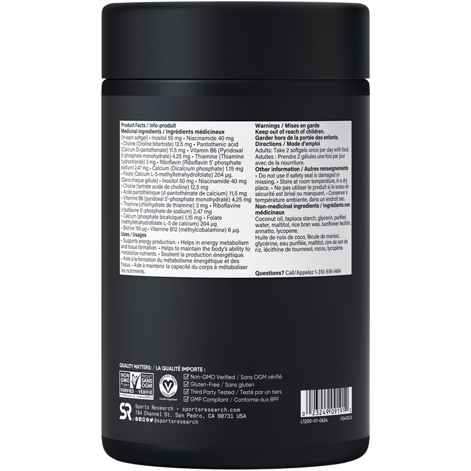 Sports Research® Vitamin B-Complex - Full Spectrum of B Vitamins with Methylated B12 & Folate - Gluten Free · Plant-Based · Non-GMO · Vegan-Friendly Formula - 120 Veggie Softgels - Available at All In One Marketplace Canada