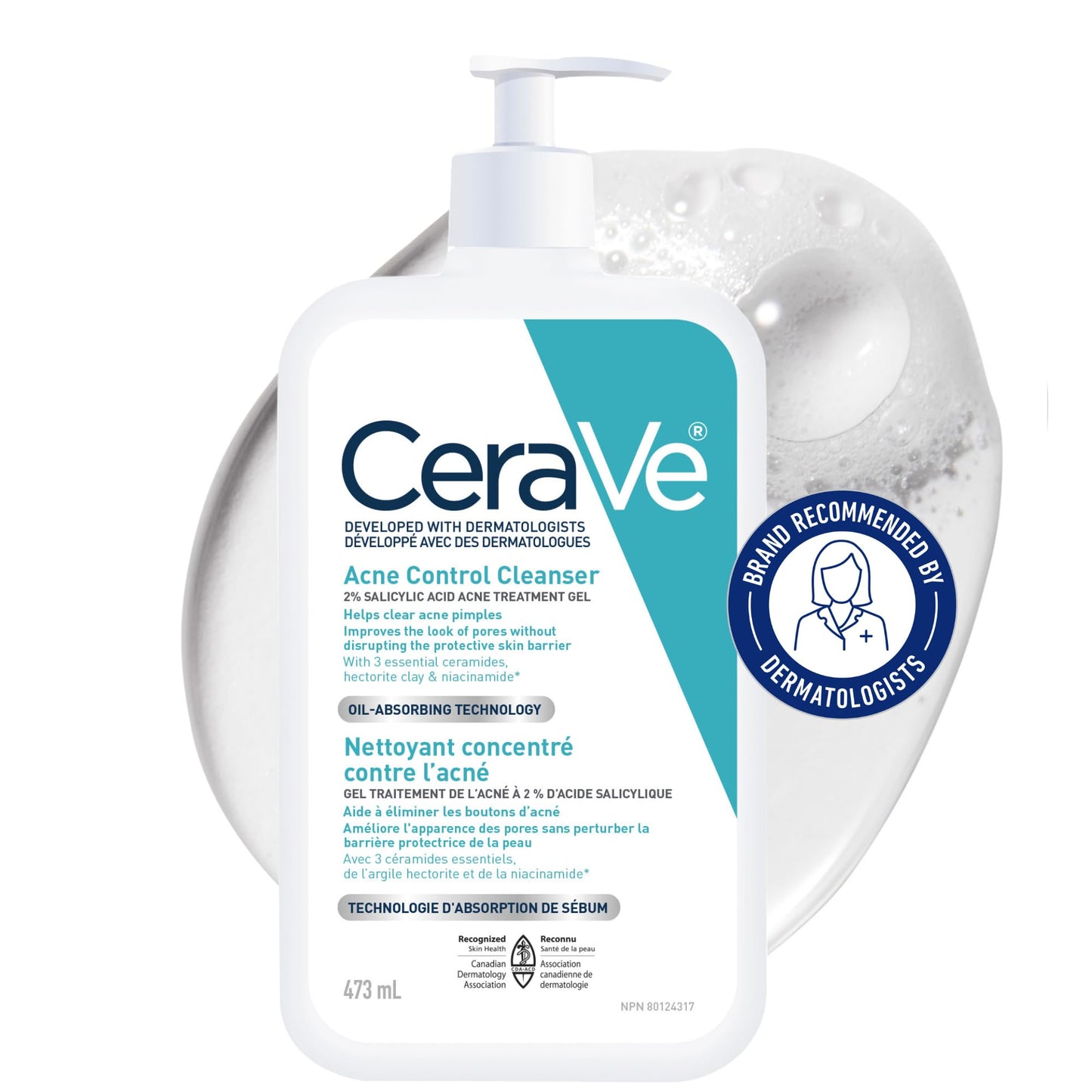 CeraVe Acne Face Wash, 2% Salicylic Acid Cleanser with Purifying Clay & Niacinamide for Oily Skin and Blackheads, Fragrance-Free, Paraben-Free & Non-Comedogenic, 473 mL
