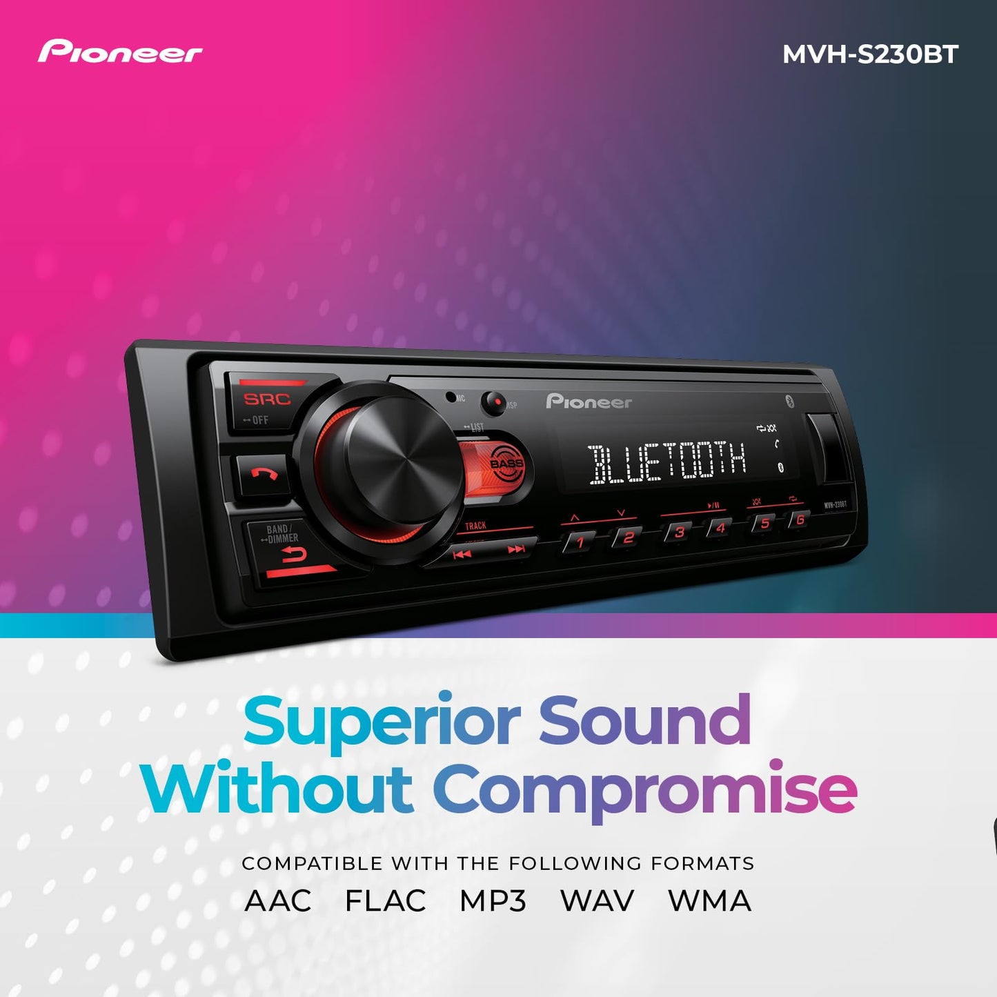 Pioneer MVH-S230BT 1-Din Digital Media Receiver – Bluetooth, USB, 50W x 4 Output, AM/FM Radio, iPhone/Android Compatible, Front/SW (Mono) Selectable RCA Output PIONEER