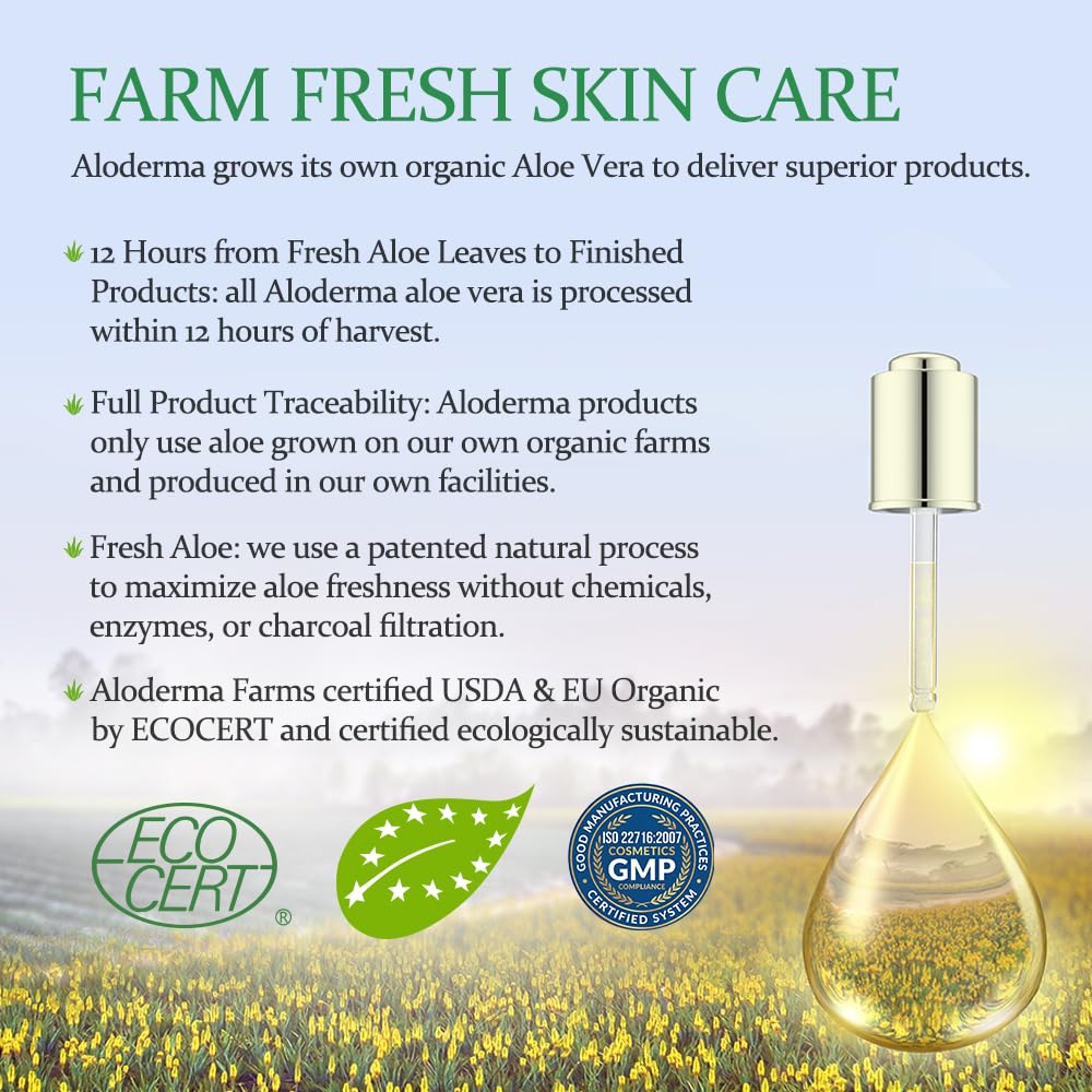 Aloderma 99% Organic Aloe Vera Gel for Skin Made within 12 Hours of Harvest, Non-Sticky Aloe Vera Gel for Sunburn Relief, Natural, Soothing Hydrating Aloe Vera for Face & Hair, Lightweight Gel, 10.6oz - Available at All In One Marketplace Canada