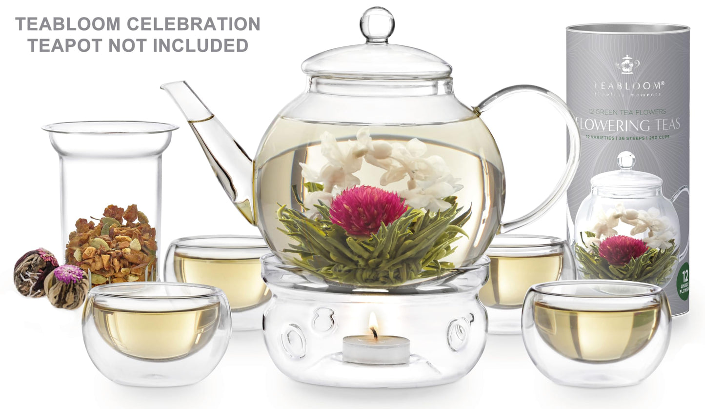 Teabloom Flowering Tea Gift Set - 12 Hand-Tied Blooming Tea Varieties - Green Tea with Edible Flowers - Premium Gift Canister - 36 Infusions, Up to 250 Cups