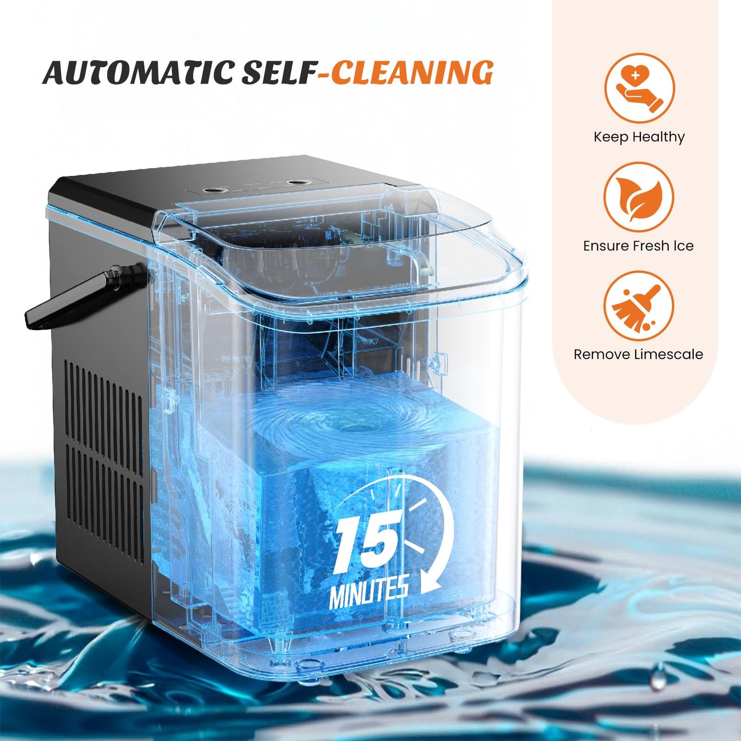 Sweetcrispy Countertop Ice Maker with Handle, 26lbs/24H Portable Ice Machine, 9 Bullet Ice Cubes Ready in 6 Mins, Self-Cleaning, Quiet Compact Ice Maker for Home, Kitchen, RV, Camping, Black - Available at All In One Marketplace Canada