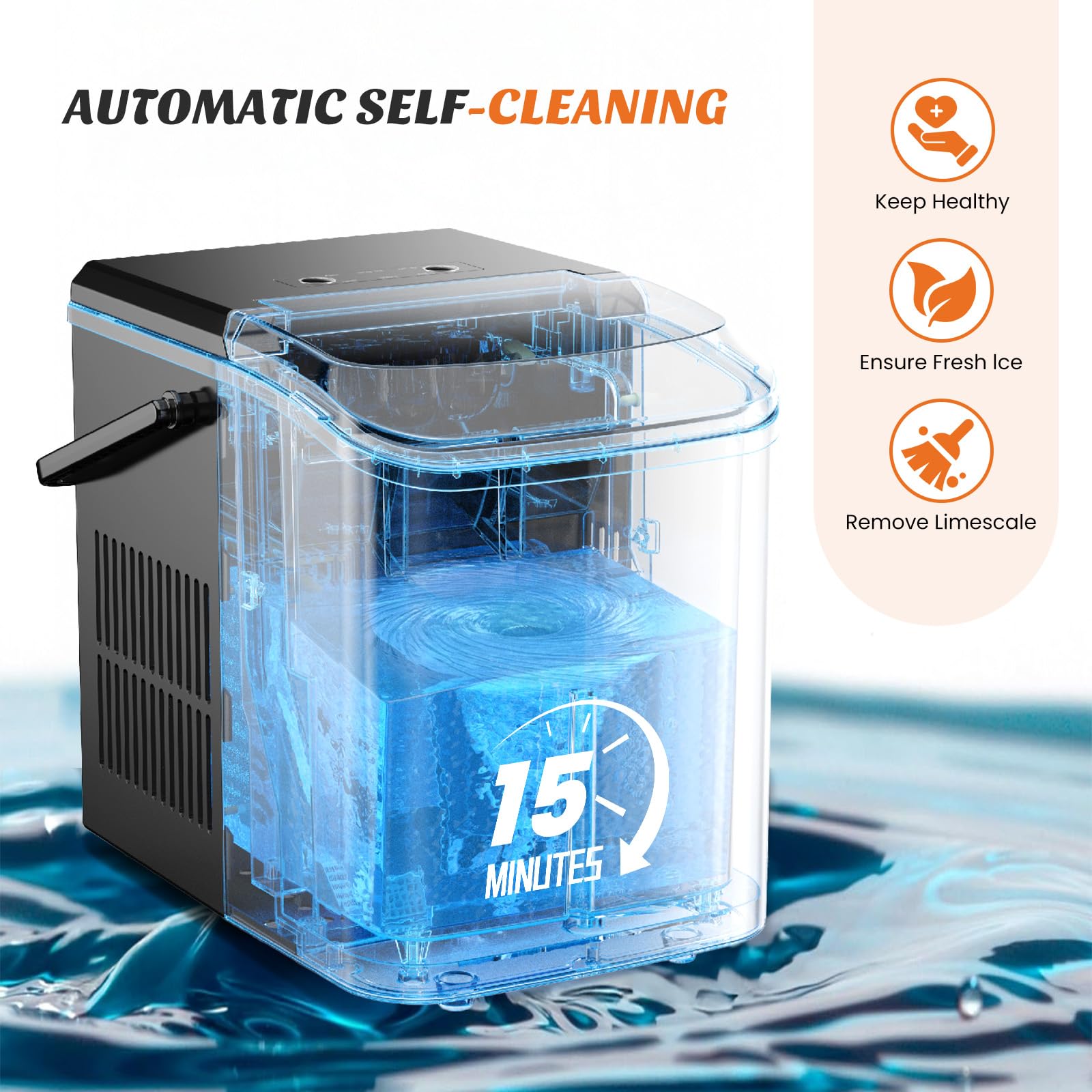 Sweetcrispy Countertop Ice Maker with Handle, 26lbs/24H Portable Ice Machine, 9 Bullet Ice Cubes Ready in 6 Mins, Self-Cleaning, Quiet Compact Ice Maker for Home, Kitchen, RV, Camping, Black - Available at All In One Marketplace Canada
