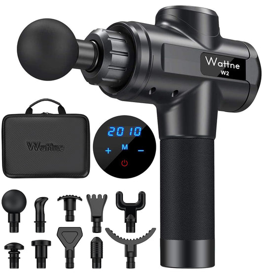 Muscle Massage Gun Deep Tissue Percussion Massager - Portable Handheld Sport Massagers for Athletes, Quiet & Powerful Brushless Motor Cordless, 20 Speed Level,Wattne W2 (Black)