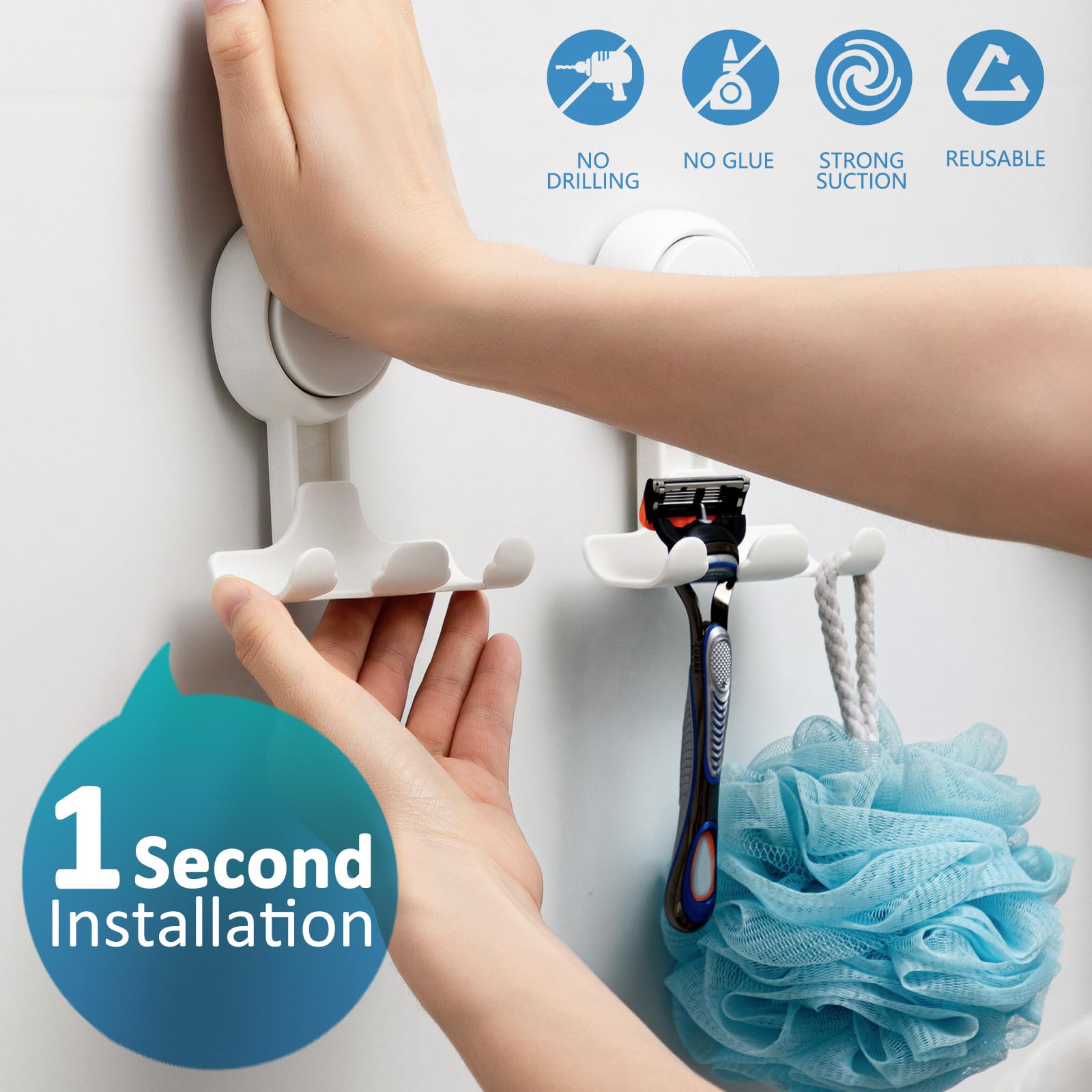 TAILI Shower Razor Holder Suction Cup, Vacuum Hanger Door Hooks for Shower Wall Towel Loofah Sponge Bathroom, Removable Waterproof, White, 2 Pack - Available at All In One Marketplace Canada