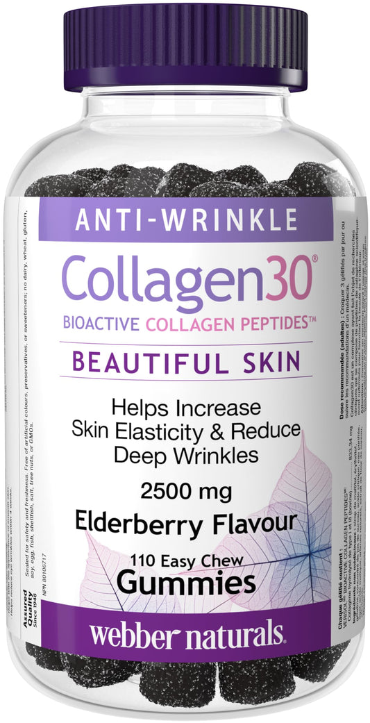 Webber Naturals Collagen30 Anti-Wrinkle Gummy, 2,500mg of Bioactive Collagen Peptides Per Serving, 110 Gummies, Helps Reduce Deep Wrinkles, Fine Lines & Stimulates Skin Cells - Available at All In One Marketplace Canada