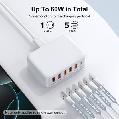 USB Charging Station for Multiple Devices, 60W 6-Port USB C Charger Fast Charging Block Hub, Multi USB Charger Station Power Strip Adapter for iPhone 17 16 15 14 13 12 Pro Max Tablets Smartphones