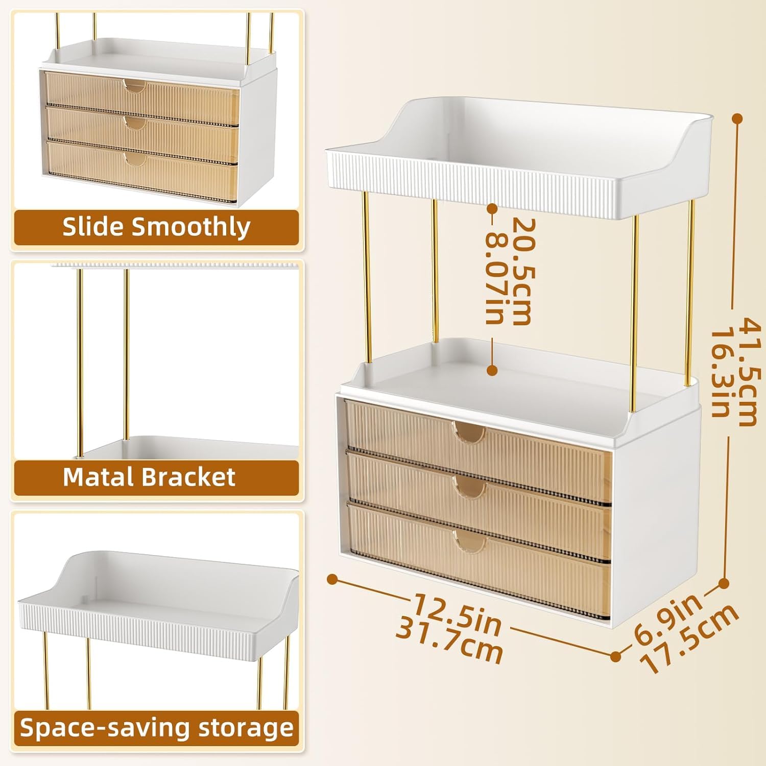 StorBin 3 Large Drawers Makeup Organizer - 5 Tier Bathroom Counter Organizers and Storage, Versatile Perfume Vanity Organizer, Ideal for Cosmetic, Large Skincare, Face Mask, Office Supplies, Amber - Available at All In One Marketplace Canada