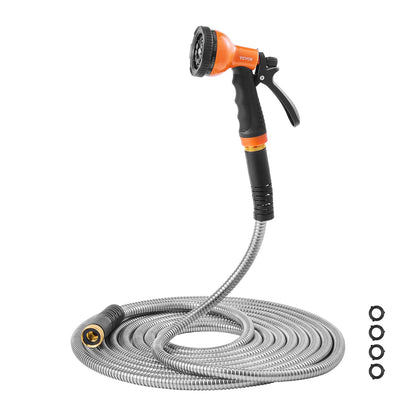 VEVOR Metal Garden Hose 100 ft, Rust Proof Stainless Steel Water Hose, Heavy Duty Backyard Hose with 10 Function Nozzle, No-Kink & Flexible Water Pipe, Lightweight Metal Hose for Yard, Outdoor 🍁 All In One Marketplace Canada