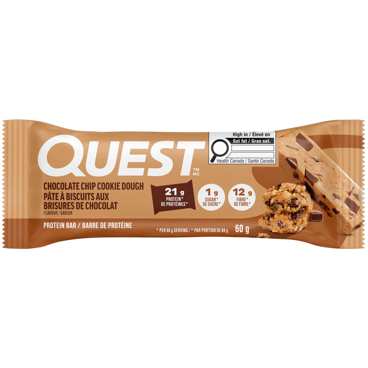 Quest Nutrition Chocolate Chip Cookie Dough Flavour Protein Bar, High Protein, High Fibre, Low Sugar, Keto Friendly, 21g Protein, 1g Sugar, 12ct