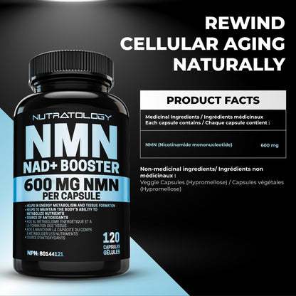 Nutratology® NMN Supplement - 1200 mg Per Serving - NAD+ Booster - Made In Canada - Premium 99% Purity - Protects Cellular Health & Supports Healthy Aging - 120 Capsules