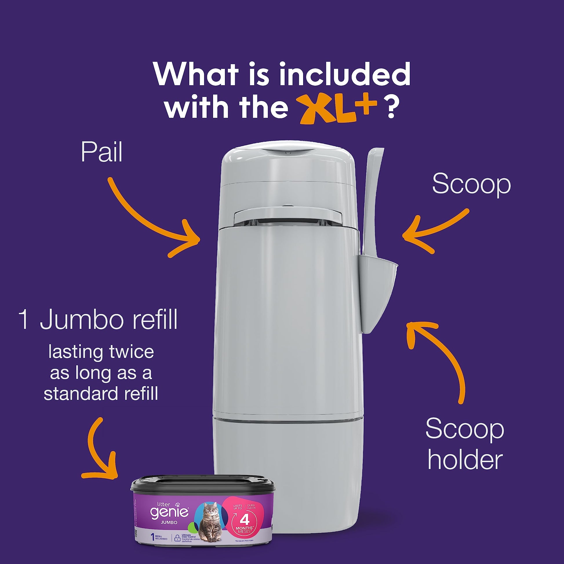 Litter Genie XL+ Pail – Ideal for Multi cat Homes - Includes one Jumbo 24ft cat Litter Bags Refill, Scoop, and Scoop Holder