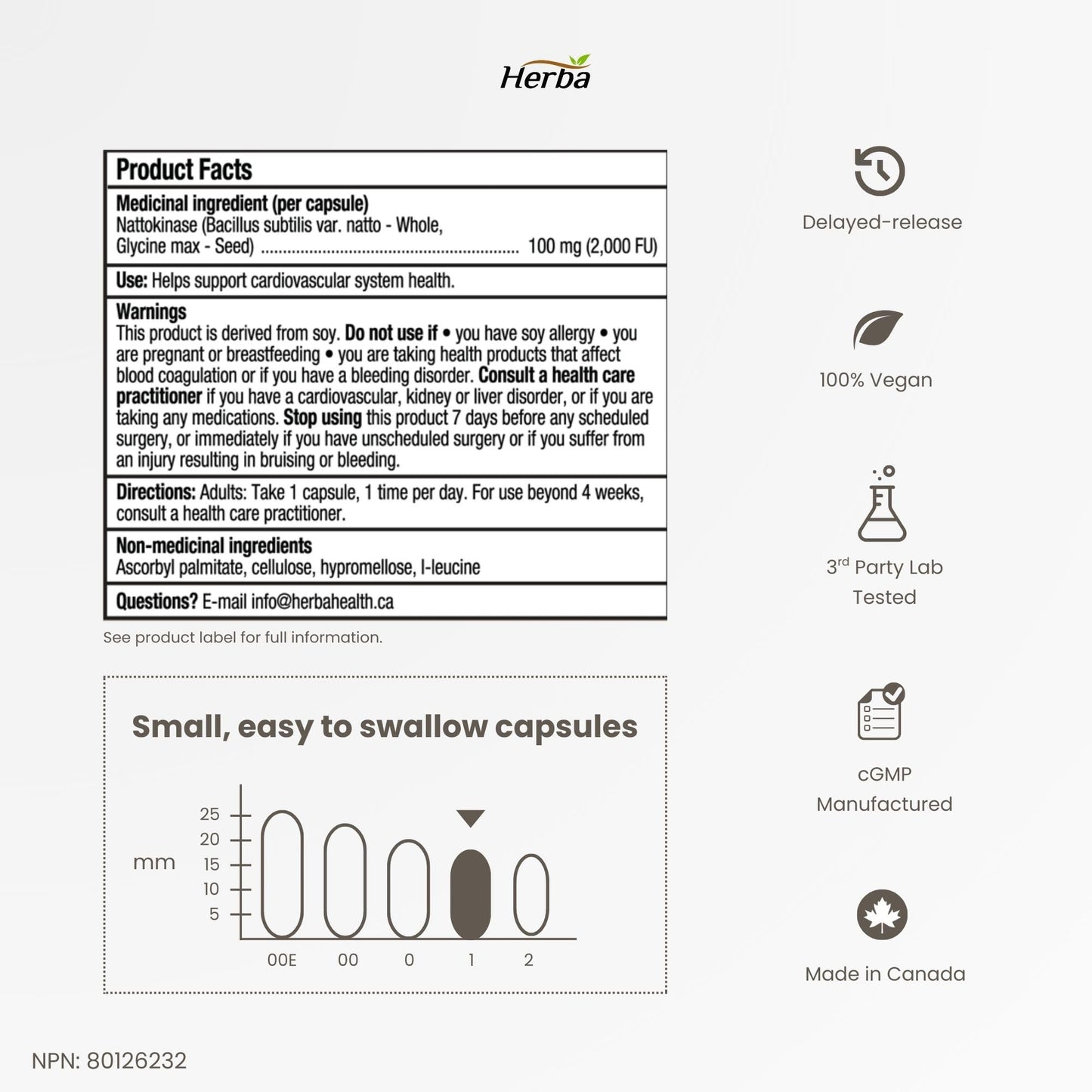 Herba Nattokinase Supplement 2000 FU – 100mg, 120 Delayed Release Capsules | Helps to Support Heart Health | Made in Canada - Available at All In One Marketplace Canada