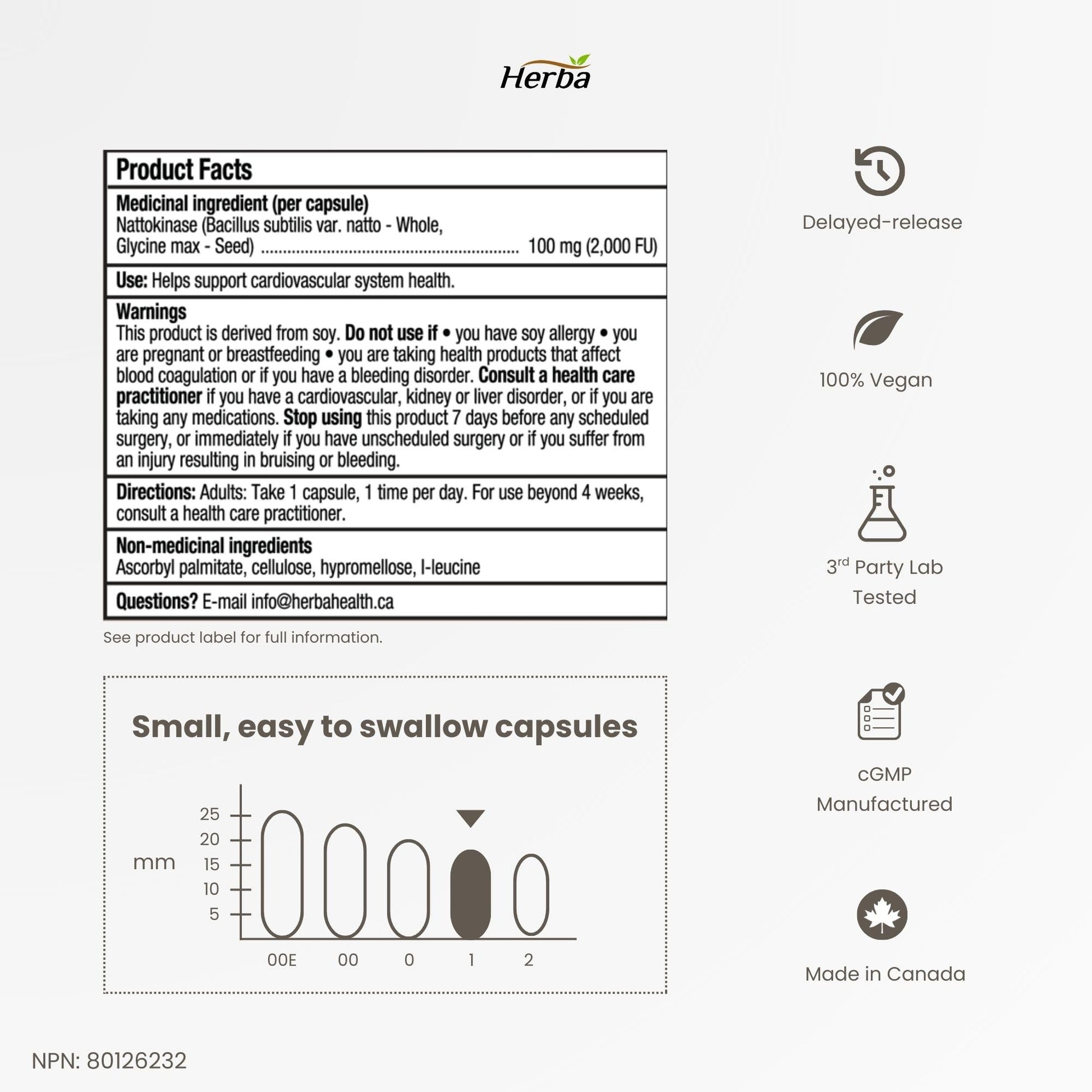 Herba Nattokinase Supplement 2000 FU – 100mg, 120 Delayed Release Capsules | Helps to Support Heart Health | Made in Canada - Available at All In One Marketplace Canada