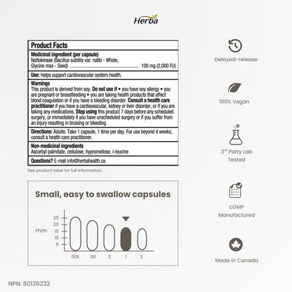 Herba Nattokinase Supplement 2000 FU – 100mg, 120 Delayed Release Capsules | Helps to Support Heart Health | Made in Canada - Available at All In One Marketplace Canada