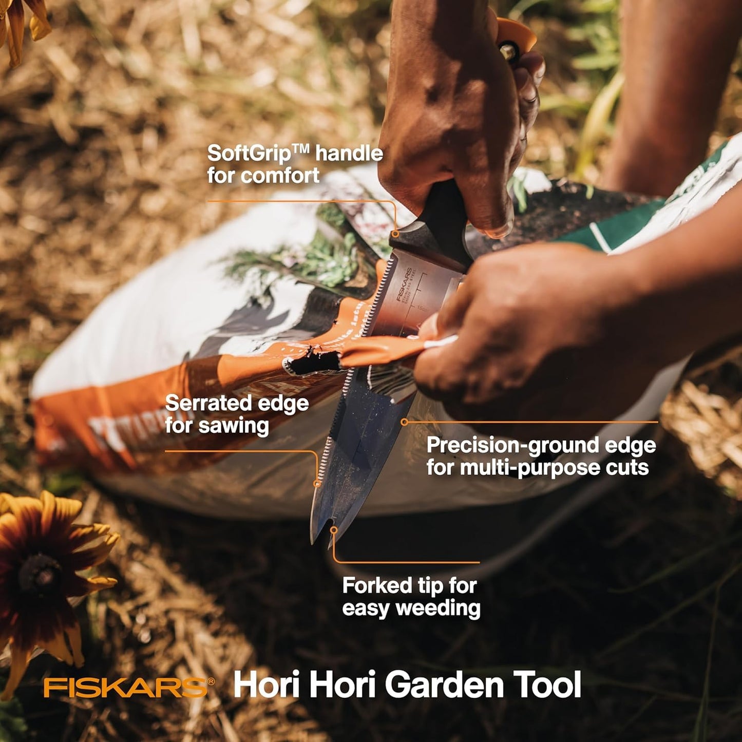 Fiskars Hori Hori Garden Knife, Precision-Ground Serrated Blade, Forked Tip Weeding & Planting Tool,Stainless Steel Adjustable Fiskars