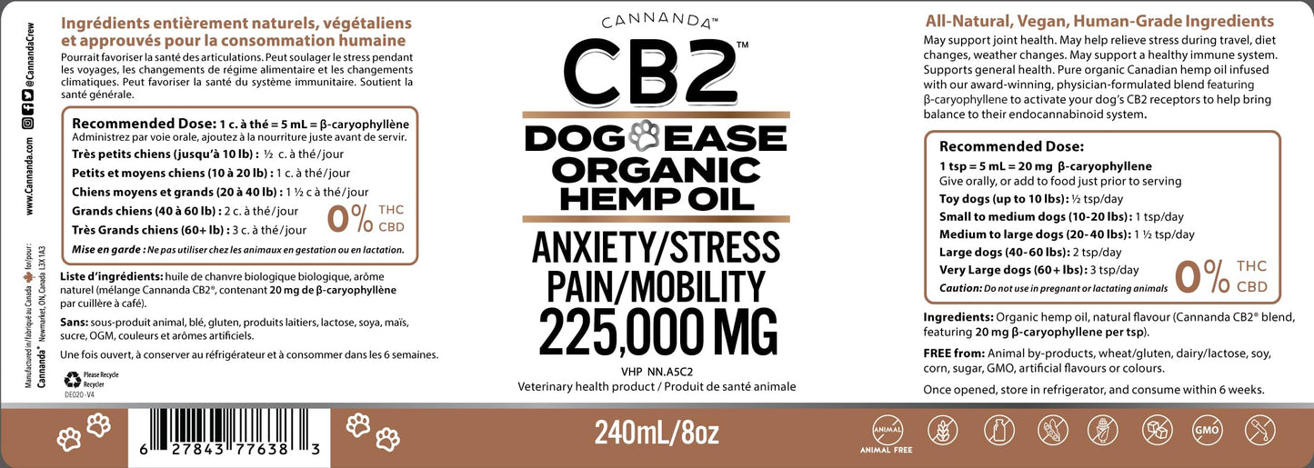 CB2 Hemp Oil for Dogs [225,000mg / 240mL / Organic] - Natural Hip and Joint Supplement for Dogs - Calming Anxiety Relief - Extra Strength for Pain, Inflammation, Arthritis, Stress, Aggression
