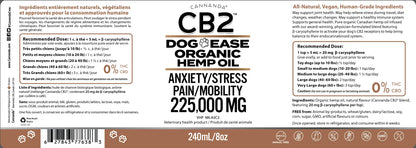 CB2 Hemp Oil for Dogs [225,000mg / 240mL / Organic] - Natural Hip and Joint Supplement for Dogs - Calming Anxiety Relief - Extra Strength for Pain, Inflammation, Arthritis, Stress, Aggression