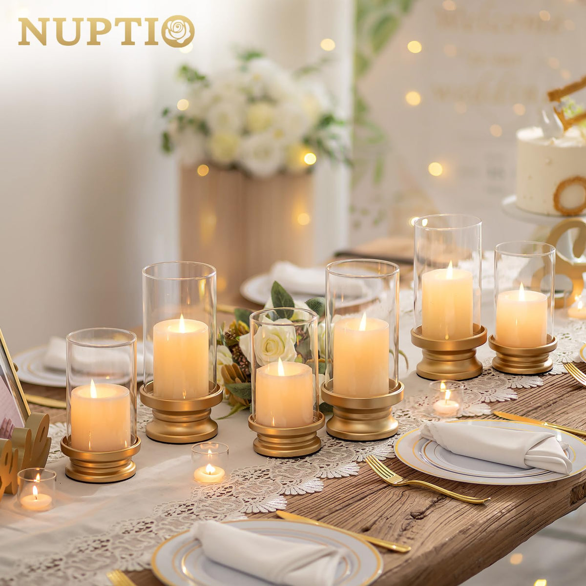 NUPTIO Hurricane Glass Candle Holders for Pillar - Matte Gold - Set of 2 🍁 All In One Marketplace Canada