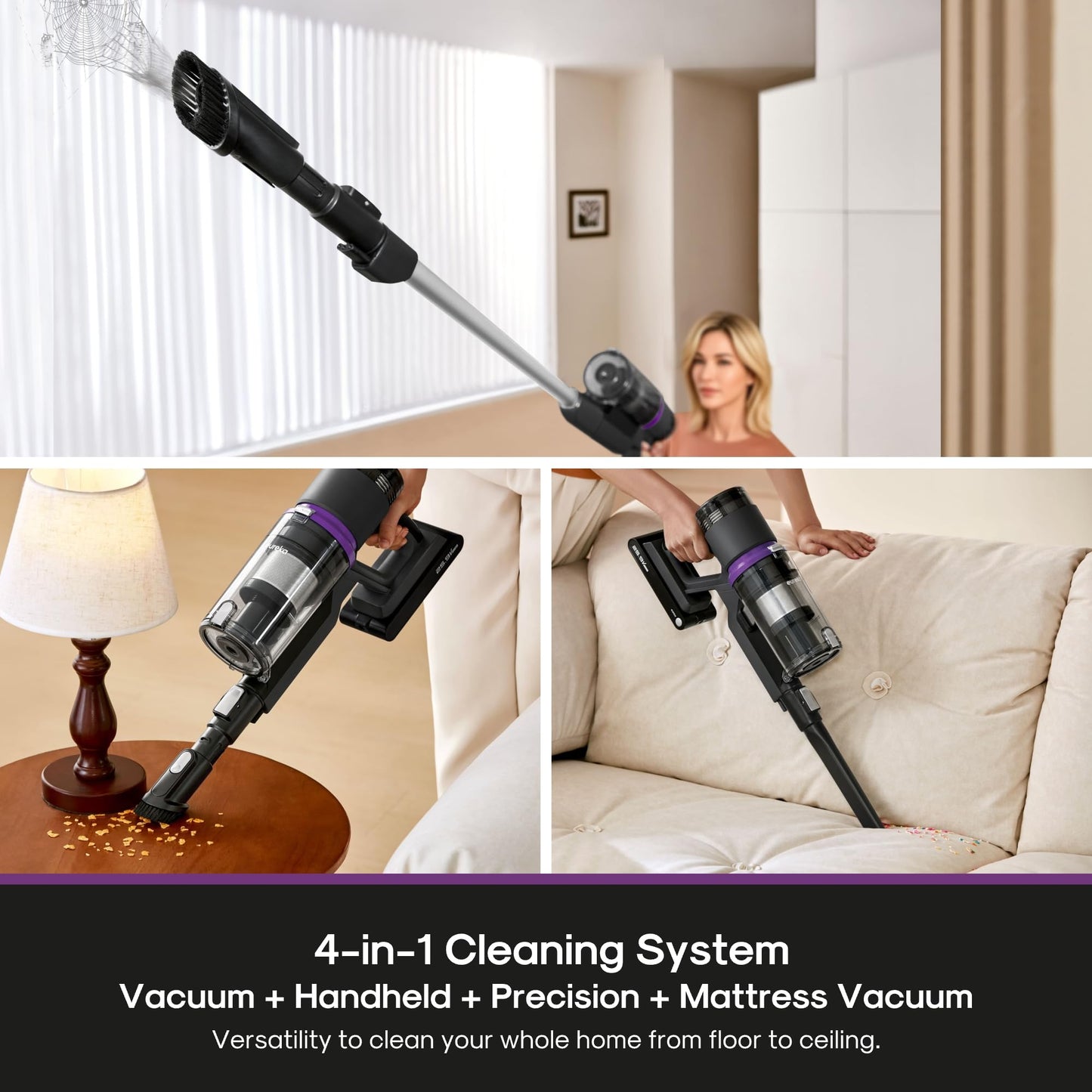 Eureka Cordless Vacuum Cleaner Powerful for Hard Floor and Pet Hair, Lightweight Portable Convenient Cordless Stick and Handheld Vacuum LED Headlight, Black, ReactiClean NEC410BK w/Detachable Battery EUREKA