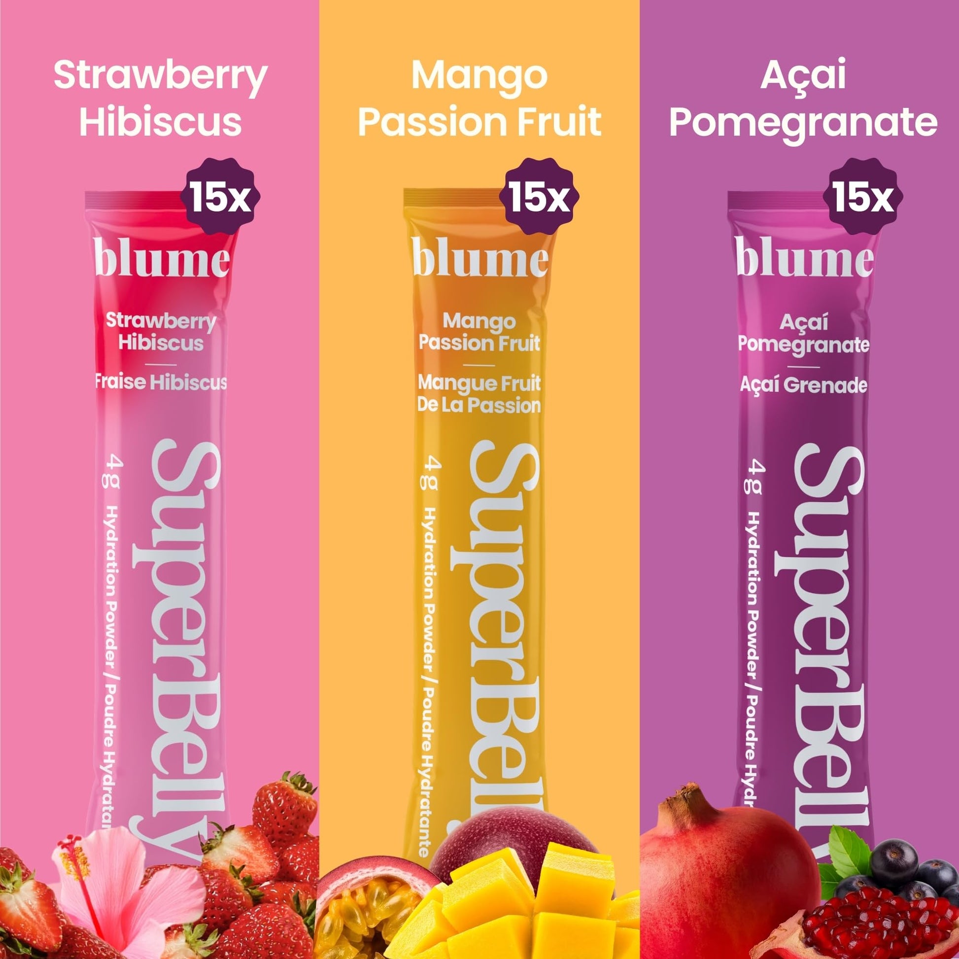 Blume SuperBelly Variety Pack – Gut Health Hydration Sticks, Sugar-Free Electrolytes, 45 Count